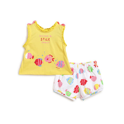 Girls Medium Yellow Printed Outfit with Short Pants